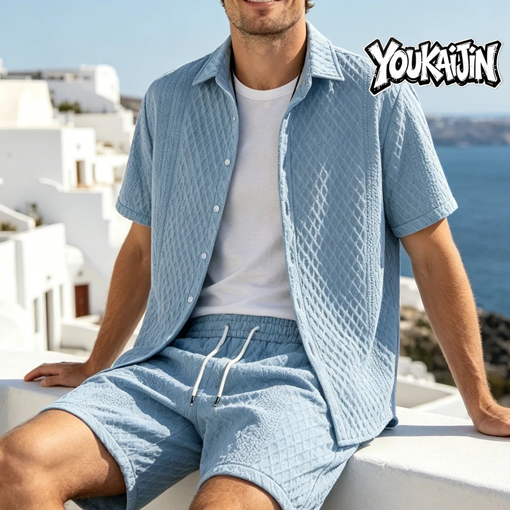 Summer Mens Casual White Sportswear Shirt with A Lapel Mens Short-sleeved Button Shirt and Shorts Jacquard Texture Suit 260618 - view 7