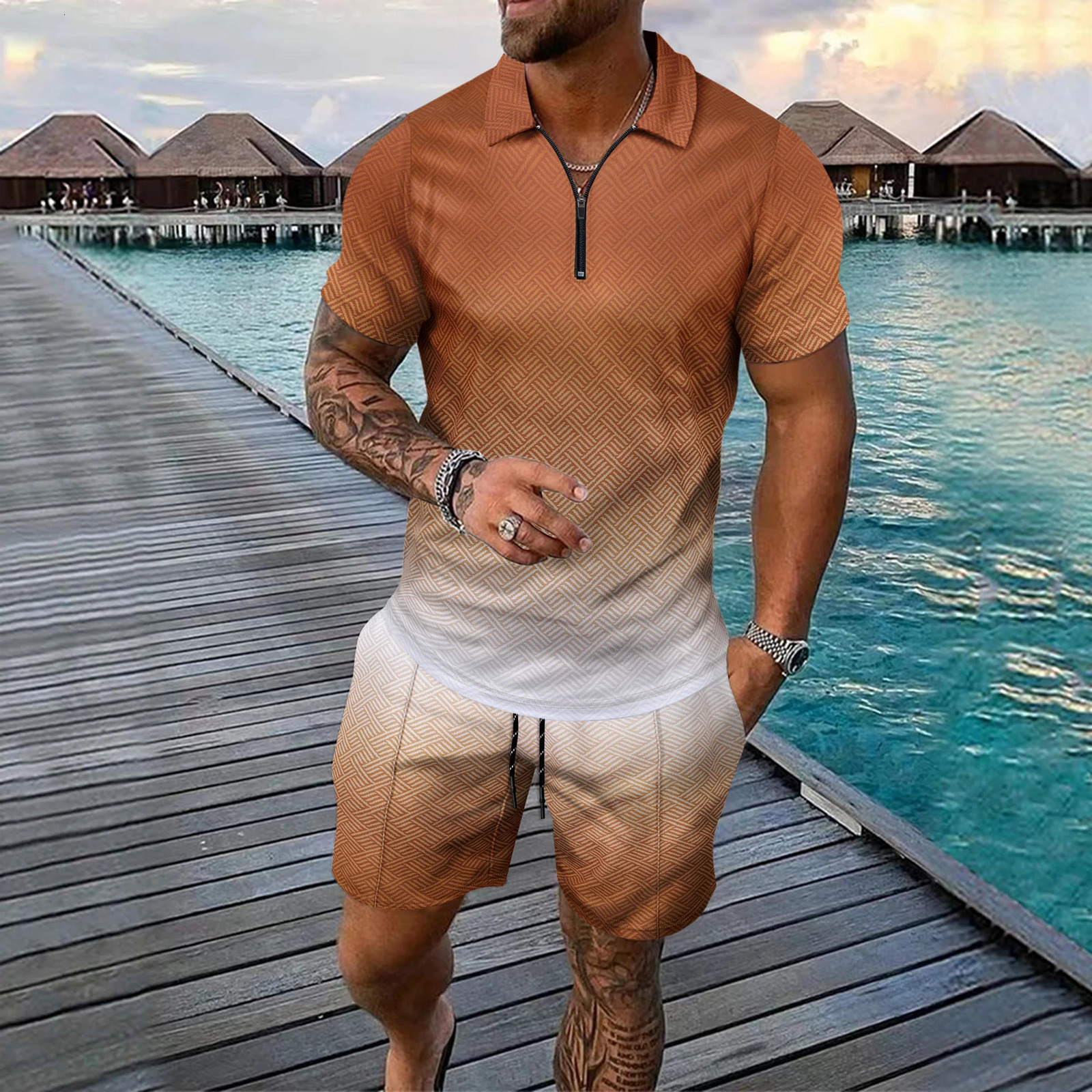 Interesting Mens Short Sleeved Set 3D Checkered Printed Fashionable Zipper Polo Shirt Suit Loose Summer T-shirt Set Ropa Hombre 260618 - view 4