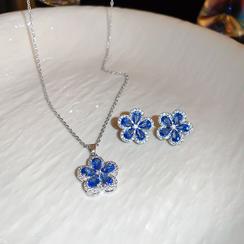 Silver Needle Micro Inlaid Zircon Blue Flower Personality Versatile Sweet Forest Style Earrings for Women