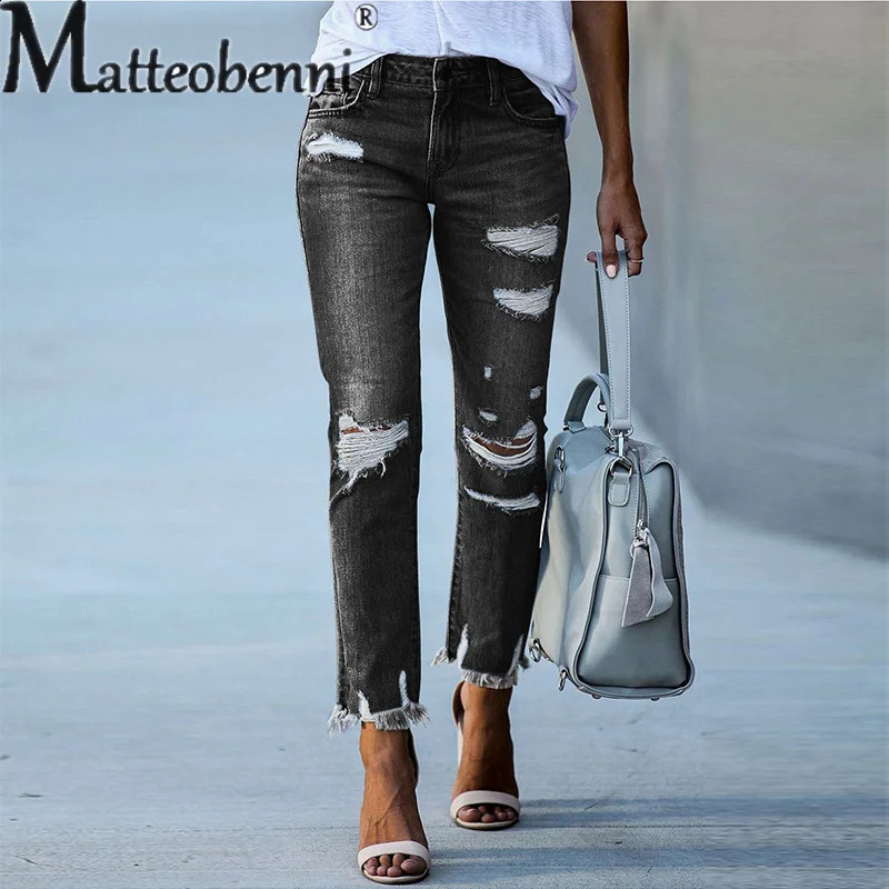 Fashion Broken Holes Tassel Straight Jeans Midwaist Button Splicing Denim Pants Ladies Trend Streetwear Casual Trousers y260611 - view 3