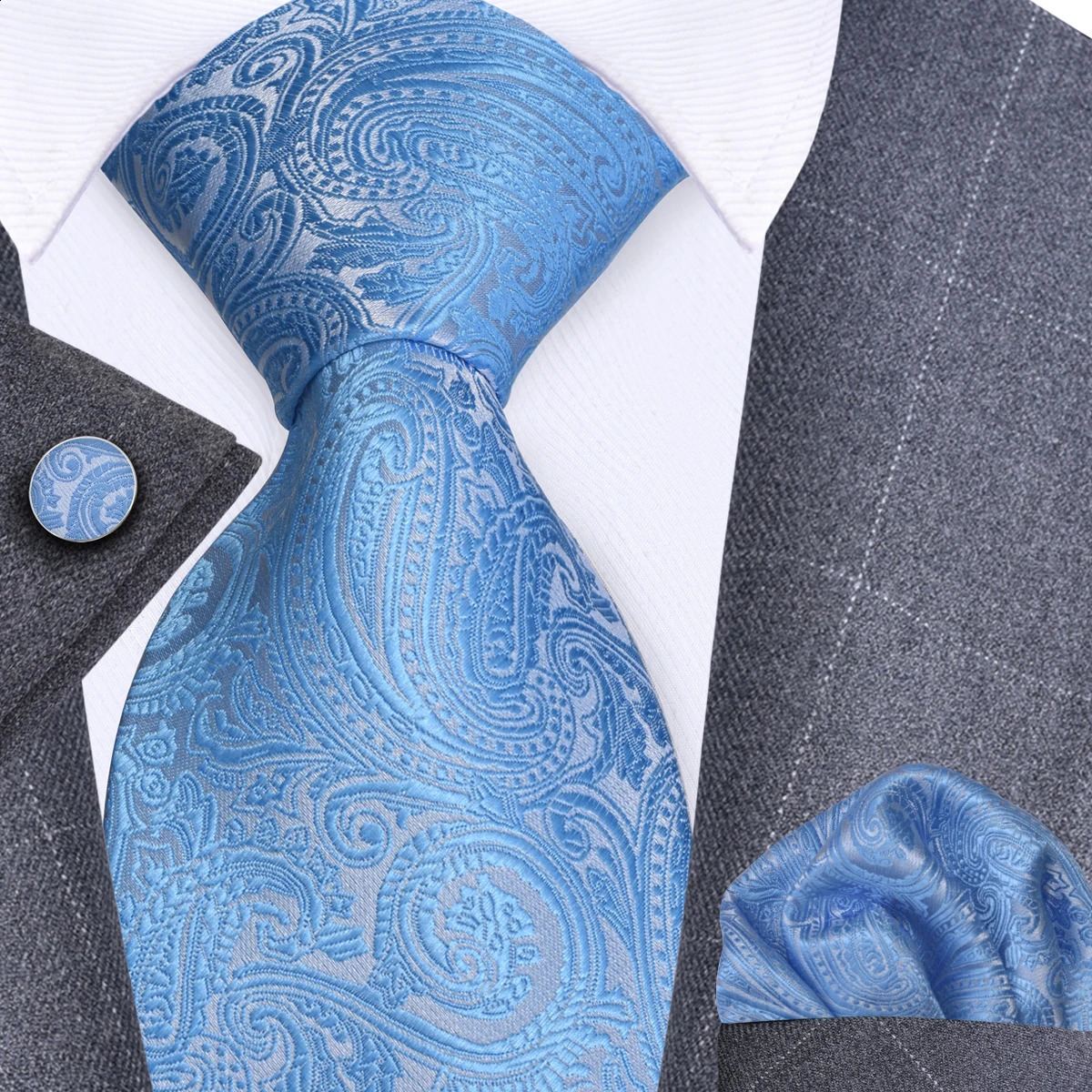 GUSLESON 8cm Blue Black Pink Men Ties Pocket Square Cufflinks Set Paisley Silk Necktie Wedding Business Gift Tie Accessories 260617 - view 5