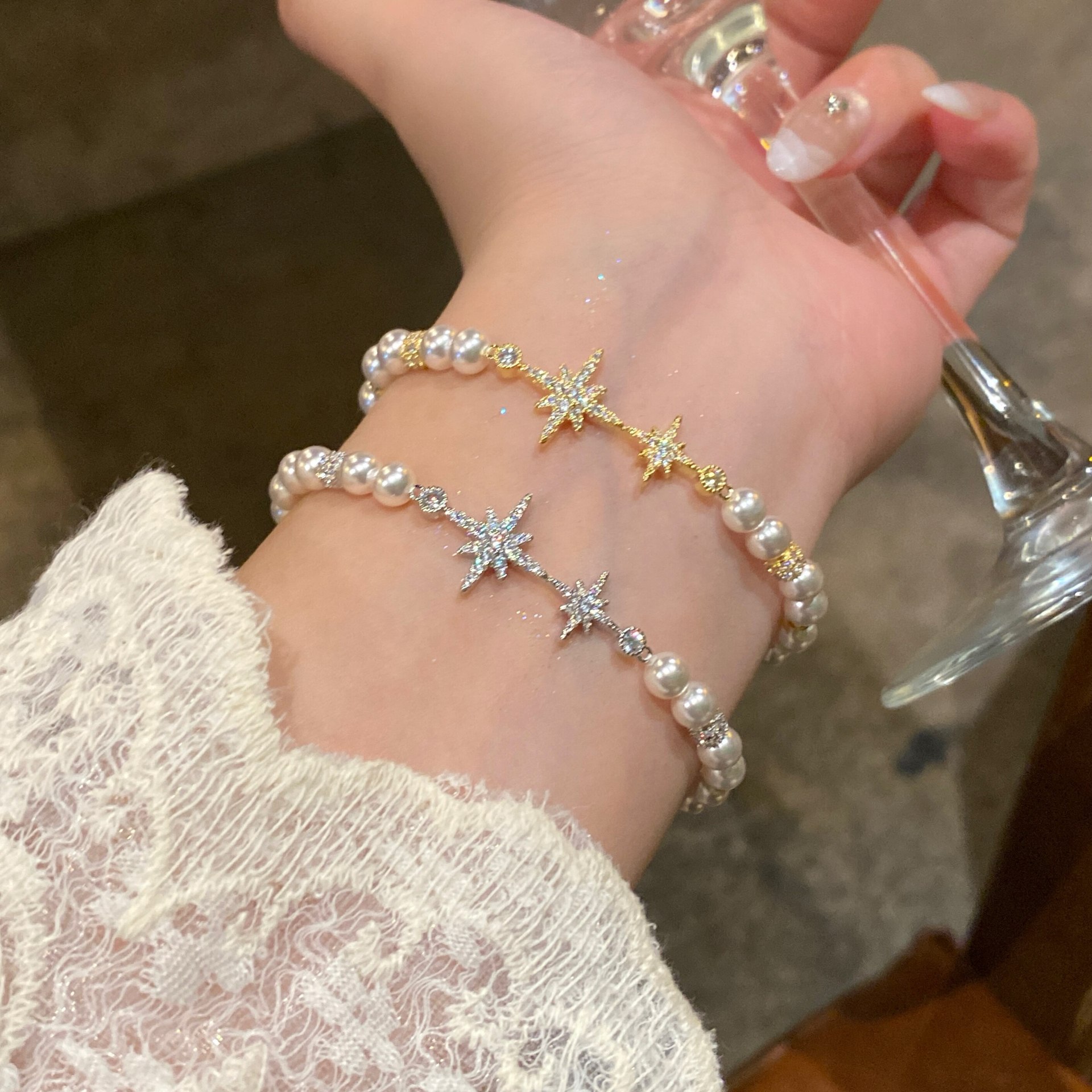 18k real gold plated pearl beaded zircon star bracelet for women, unique design, fashionable and light luxury jewelry - view 3
