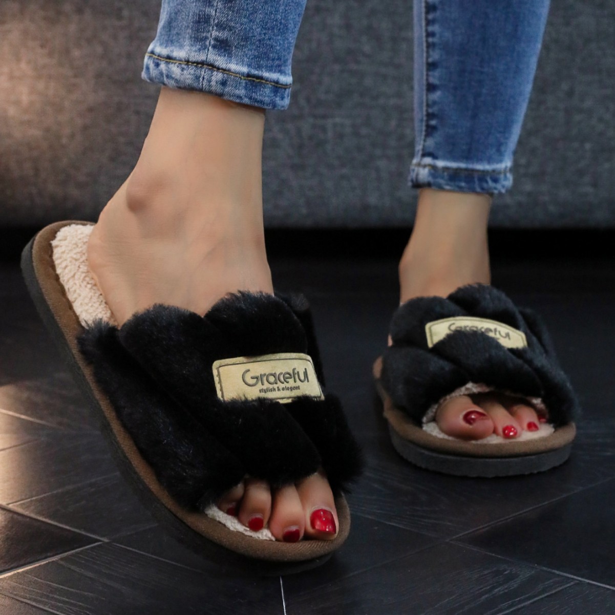 Free shipping luxury Women Winter Fuzzy Plush Slippers Soft Fleece Lined Non Slip Thick Sole Indoor House Shoes new - view 4