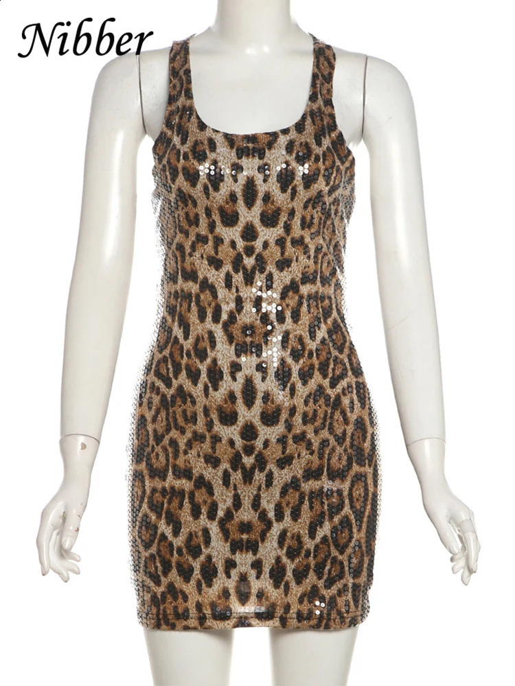 Nibber Summer Trend Tight Tank Dress Women Sequin Leopard Print Stretch Low-Neck Skinny Streetwear Birthday Party Mini Bodycon 260618 - view 7