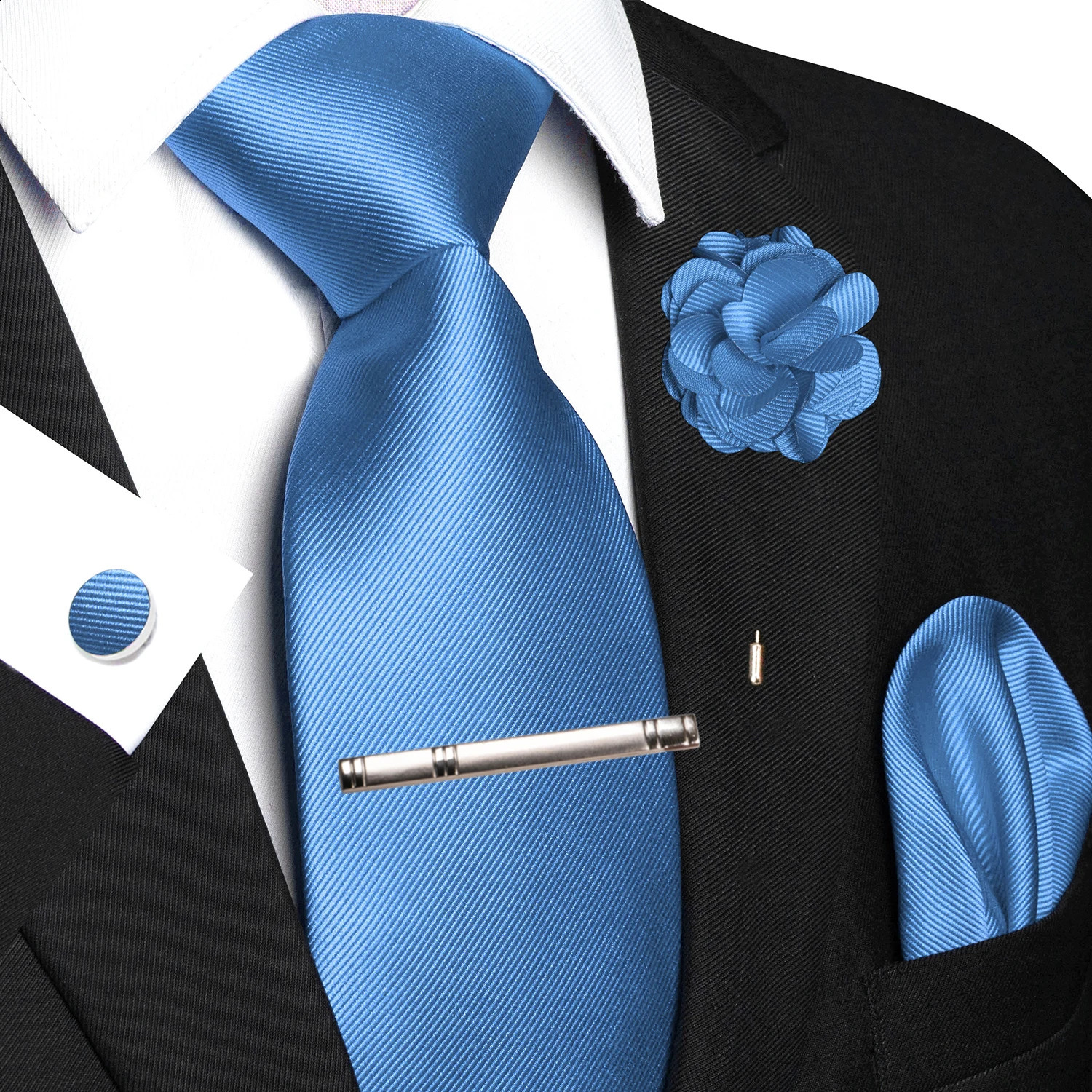 JEMYGINS Blue Solid Wedding Tie For Men Handky Cufflink Brooch Gift Mens Elegant Necktie Fashion Business Party Dropshiping 260617 - view 5