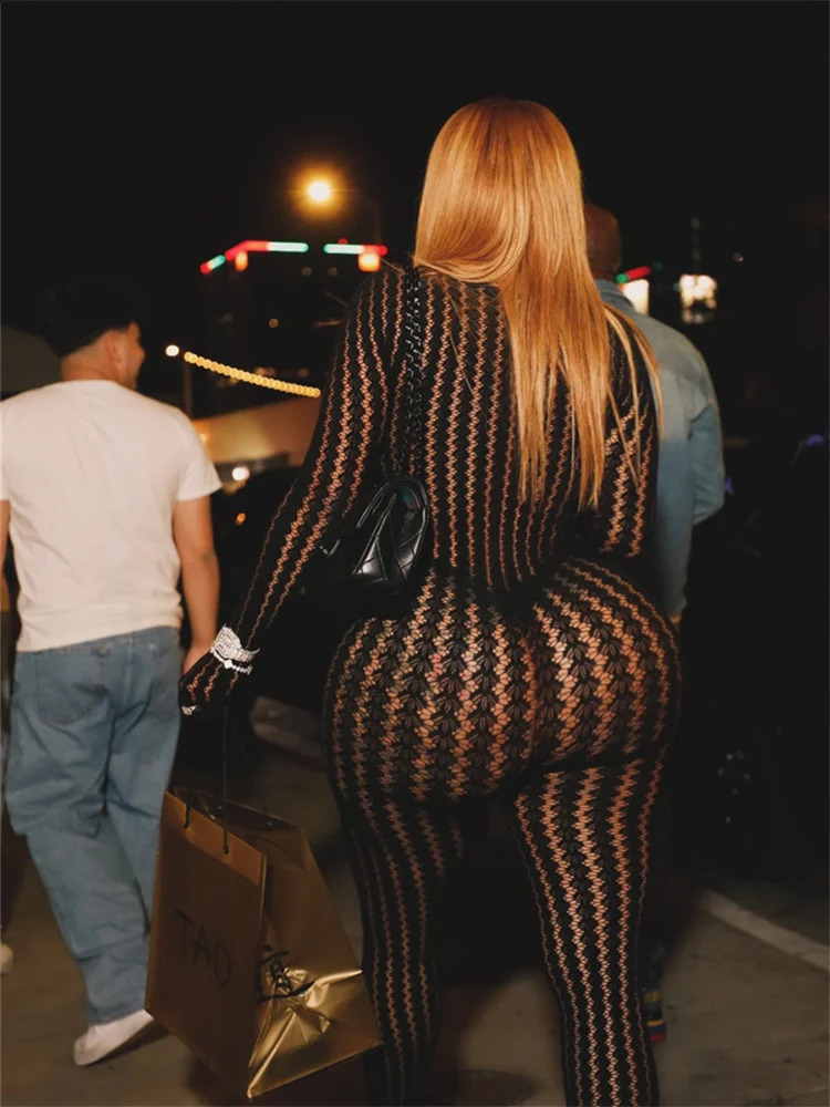 Weird Puss tie See Through Jumpsuit Women ONeck Irregular Stripe Patchwork Jacquard Hollow Sexy Street Stretch Slim Overall 260625 - view 5