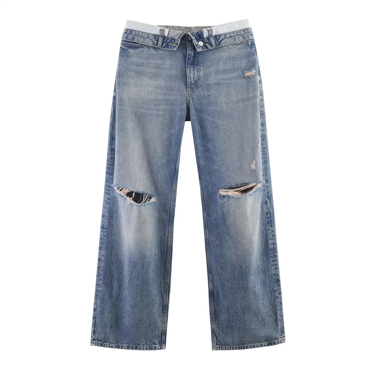 Casual Women Long Jeans Summer Female Chic Ripped Holes Denim Fashion Mid Waist Flanging Button Streetwear Pants Trousers 260611 - view 3