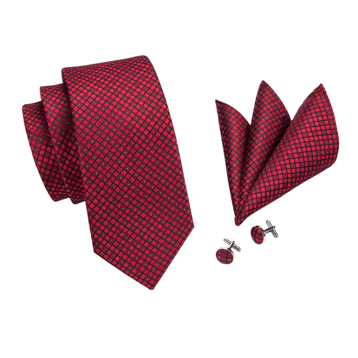 Hi-Tie ner Red Burgundy Plaid Silk Wedding Tie For Men Handky Cufflink Gift Mens Necktie Fashion Business Party Dropshiping 260617 - view 4