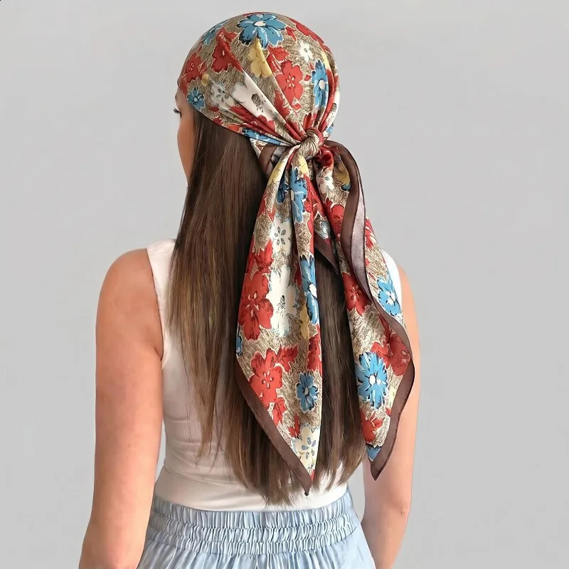 90cm Fashion Floral Hijab Headband Cute Bandana Head Scarf Women Silk Satin Neckerchief Square Shawls Hair Scarves For Ladies 260617 - view 4