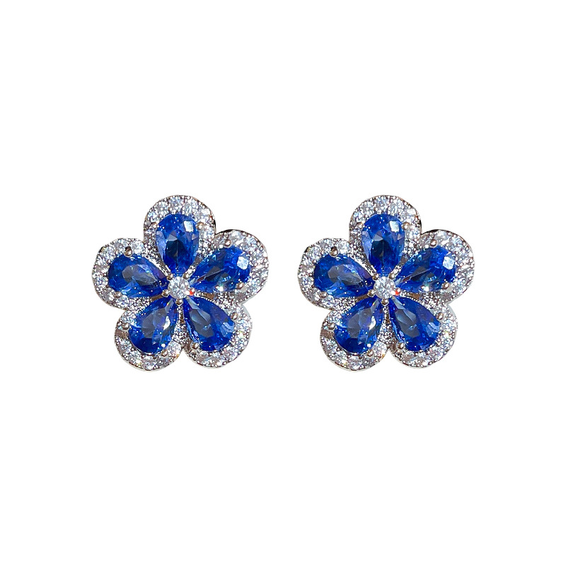 Silver Needle Micro Inlaid Zircon Blue Flower Personality Versatile Sweet Forest Style Earrings for Women - view 9