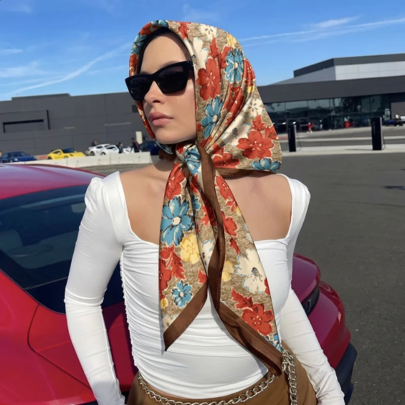 90cm Fashion Floral Hijab Headband Cute Bandana Head Scarf Women Silk Satin Neckerchief Square Shawls Hair Scarves For Ladies 260617 - view 3