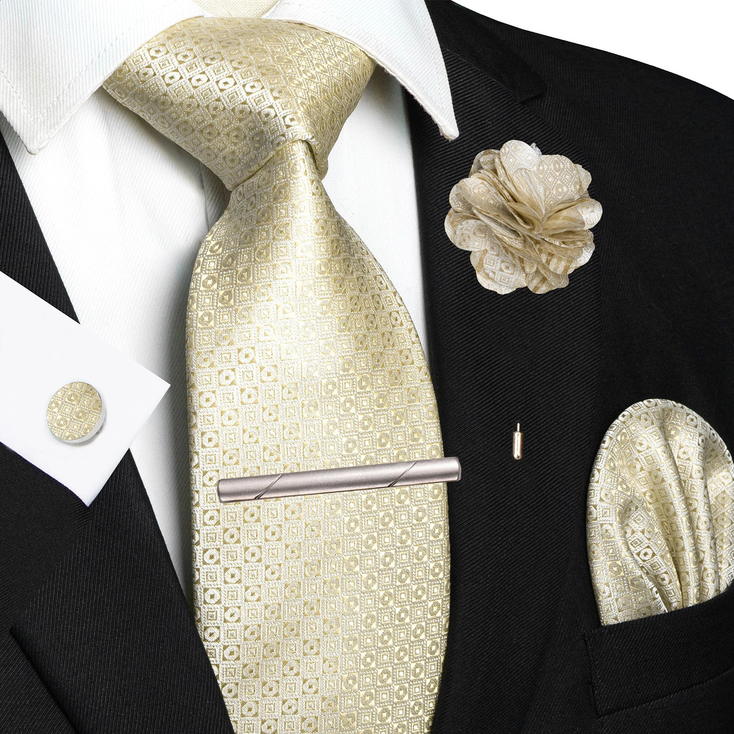 Brown Yellow Plaid Ties For Men y 8cm Silk Tie Pin Pocket Square Cufflinks Tie Clip Set Business Party Wedding Accessories 260617 - view 6