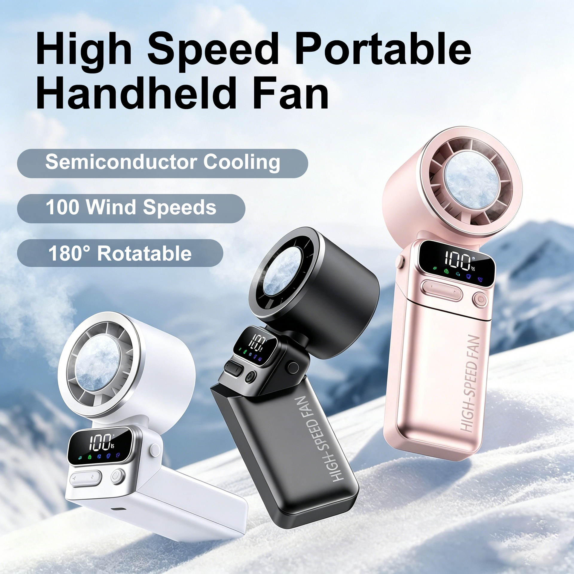 180° Rotatable Semiconductor Cooling Hand Fan 100 Speed Digital Display Cooling Fan