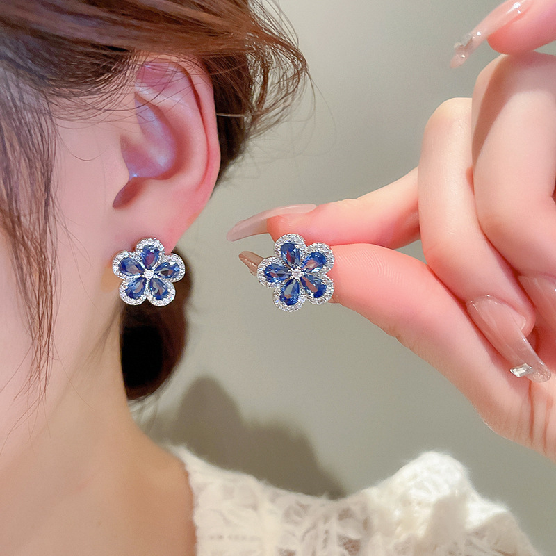 Silver Needle Micro Inlaid Zircon Blue Flower Personality Versatile Sweet Forest Style Earrings for Women - view 3