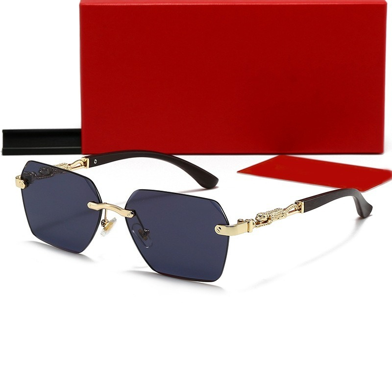 Luxury Rimless Sunglasses Men Women Designer Wooden Temple Metal Panther Head UV400 Polarized Gradient Lens Outdoor Driving Shade