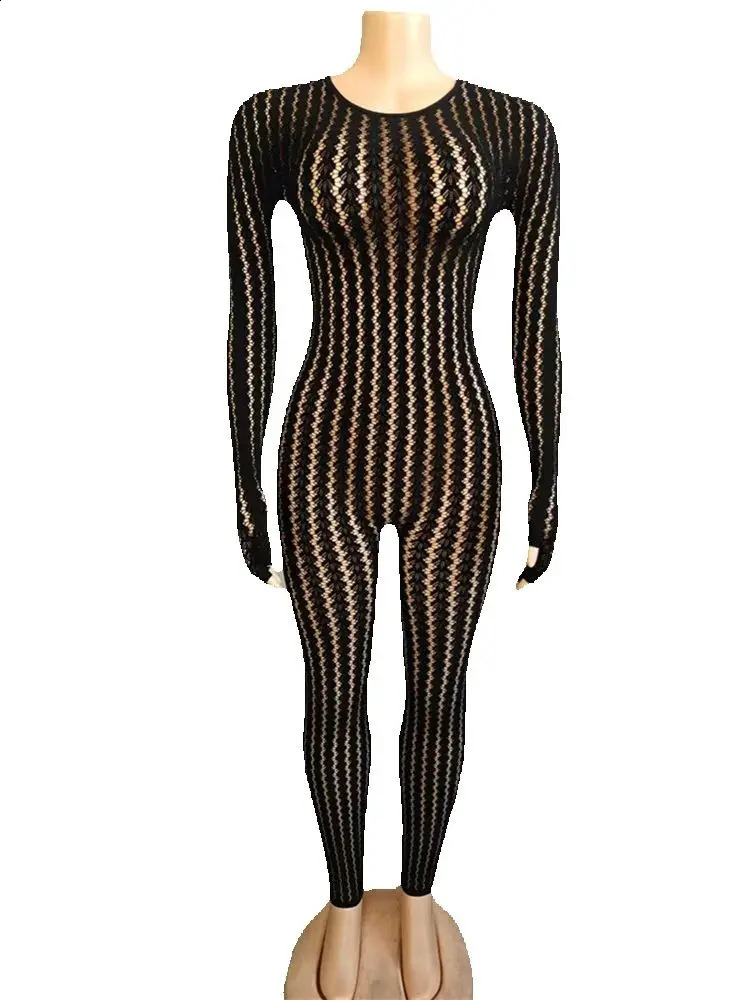 Weird Puss tie See Through Jumpsuit Women ONeck Irregular Stripe Patchwork Jacquard Hollow Sexy Street Stretch Slim Overall 260625 - view 7