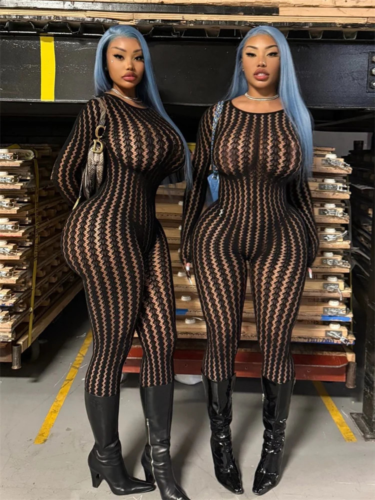 Weird Puss tie See Through Jumpsuit Women ONeck Irregular Stripe Patchwork Jacquard Hollow Sexy Street Stretch Slim Overall 260625 - view 4