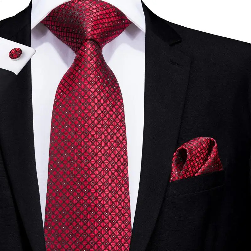 Hi-Tie ner Red Burgundy Plaid Silk Wedding Tie For Men Handky Cufflink Gift Mens Necktie Fashion Business Party Dropshiping 260617 - view 3