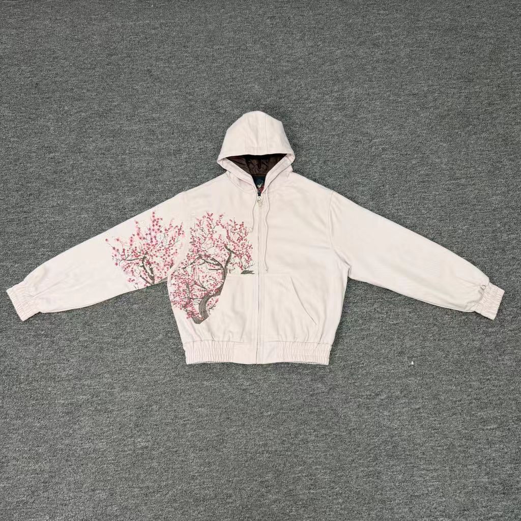 Men's Jackets 25ss Derschutze Jacket High Quality Men Women Street Fashion Casual Style Pink Blossoms Embroidery Zipper Coat