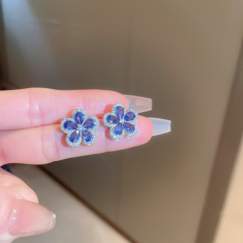 Silver Needle Micro Inlaid Zircon Blue Flower Personality Versatile Sweet Forest Style Earrings for Women - view 7