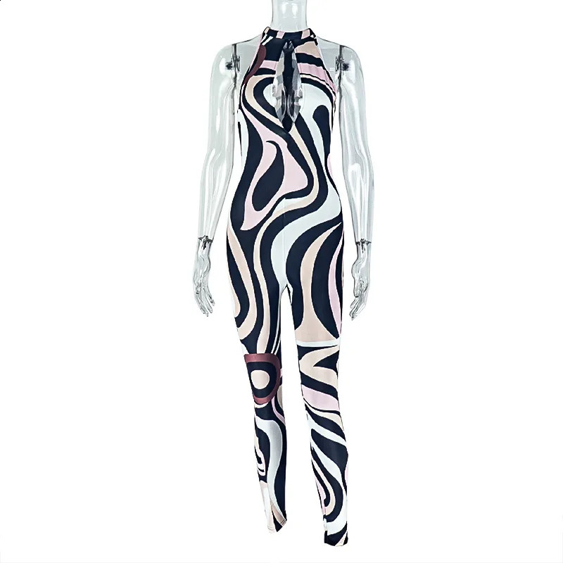 Zebra Print Jumpsuit Women oNeck Sexy Hollow Off shoulder Sleeveless Skinny Peach Hip tie Street Fashion Overalls 260625 - view 7