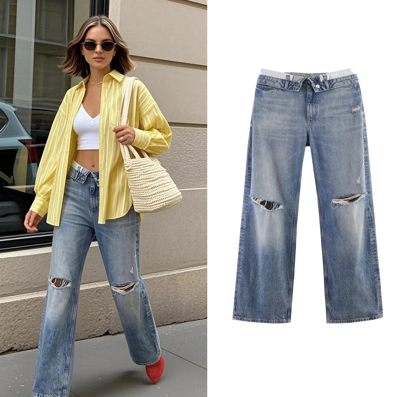Casual Women Long Jeans Summer Female Chic Ripped Holes Denim Fashion Mid Waist Flanging Button Streetwear Pants Trousers 260611