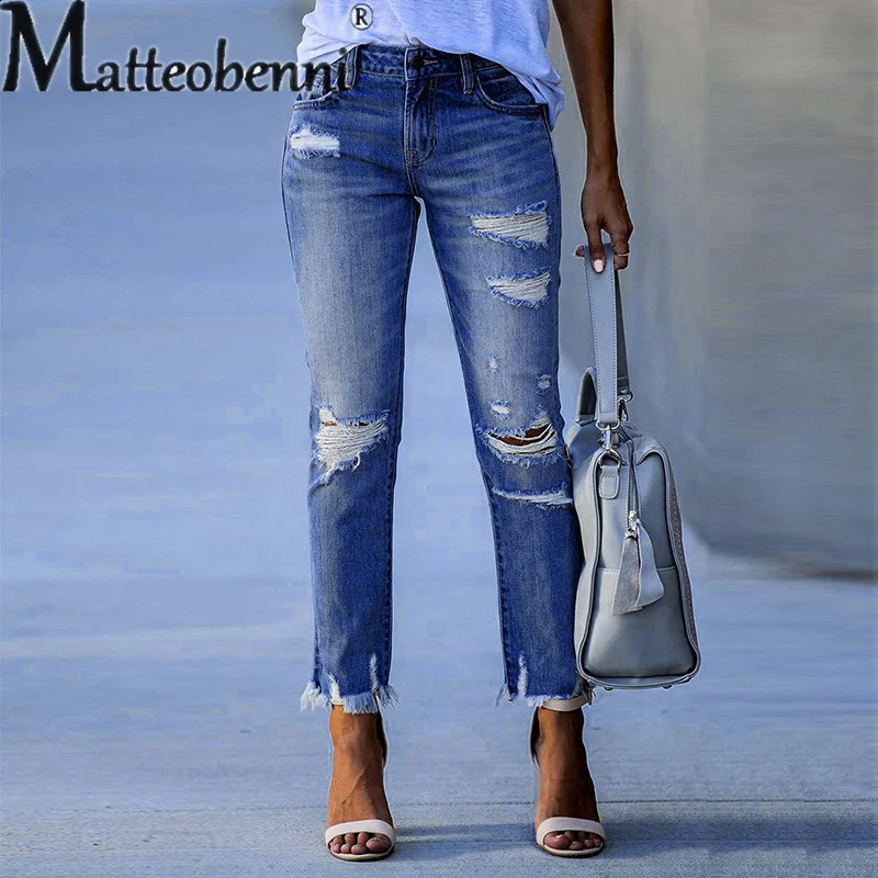 Fashion Broken Holes Tassel Straight Jeans Midwaist Button Splicing Denim Pants Ladies Trend Streetwear Casual Trousers y260611 - view 4