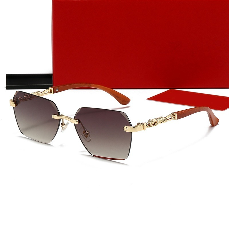 Luxury Rimless Sunglasses Men Women Designer Wooden Temple Metal Panther Head UV380 Polarized Gradient Lens Outdoor Driving Shade