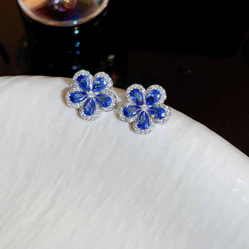 Silver Needle Micro Inlaid Zircon Blue Flower Personality Versatile Sweet Forest Style Earrings for Women - view 5