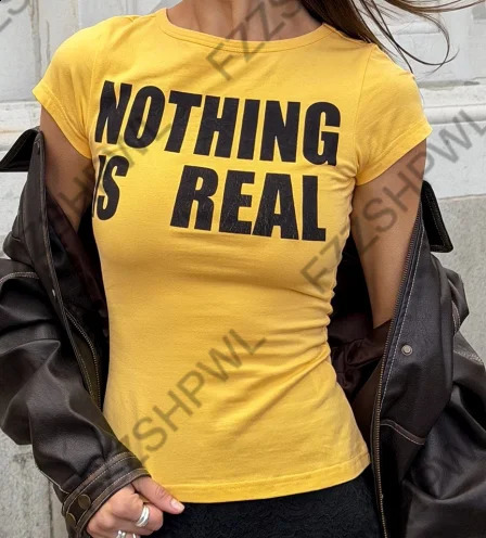 Y2K Aesthetic Bold Black Text Print Baby Tee Women Yellow Slim Fit Short Sleeve Crop TShirt Retro Trendy Summer fit Pullover 260618 - view 7