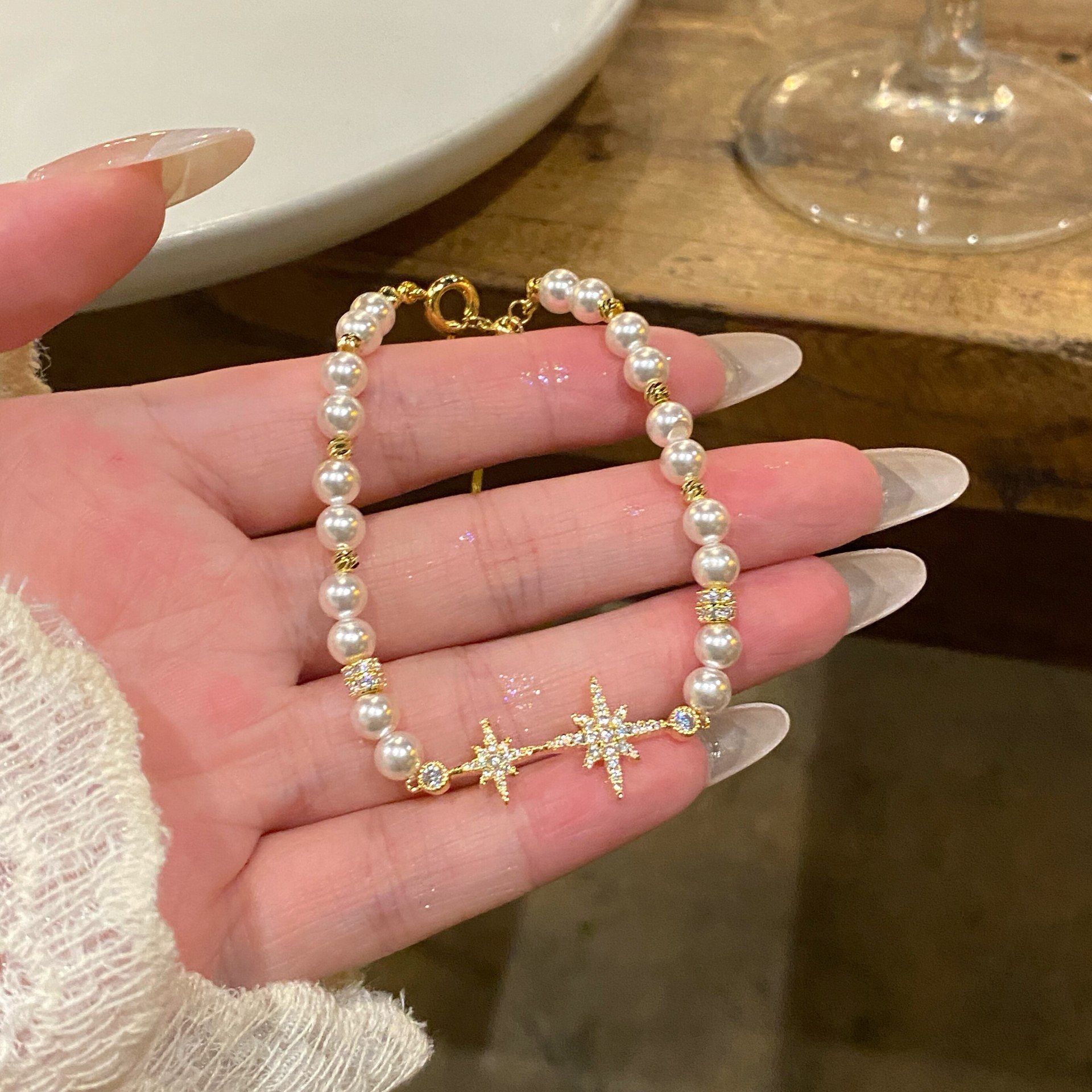 18k real gold plated pearl beaded zircon star bracelet for women, unique design, fashionable and light luxury jewelry - view 5