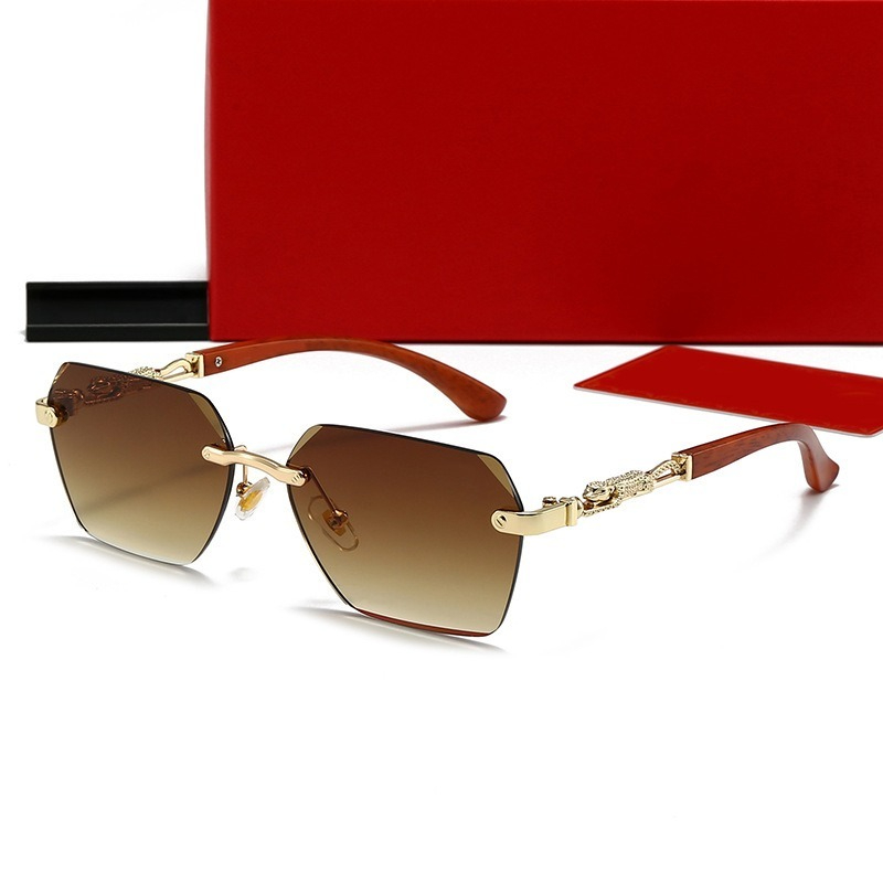 Designer Rimless Sunglasses Men Women Outdoor Gradient Lens UV380 Polarized Sun Glasses Gold Metal Wood Temple Animal Detail Fashion Shade