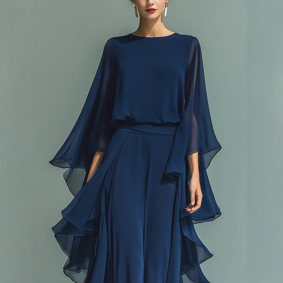Free shipping 2026 New Style Dark Blue Ruffle Wide-Leg Pants Set for Women, Fashionable and Elegant Two-Piece Long-Sleeve Casual Outfit - view 6