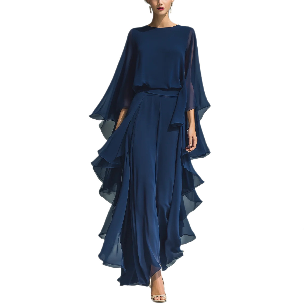 Free shipping 2026 New Style Dark Blue Ruffle Wide-Leg Pants Set for Women, Fashionable and Elegant Two-Piece Long-Sleeve Casual Outfit - view 4