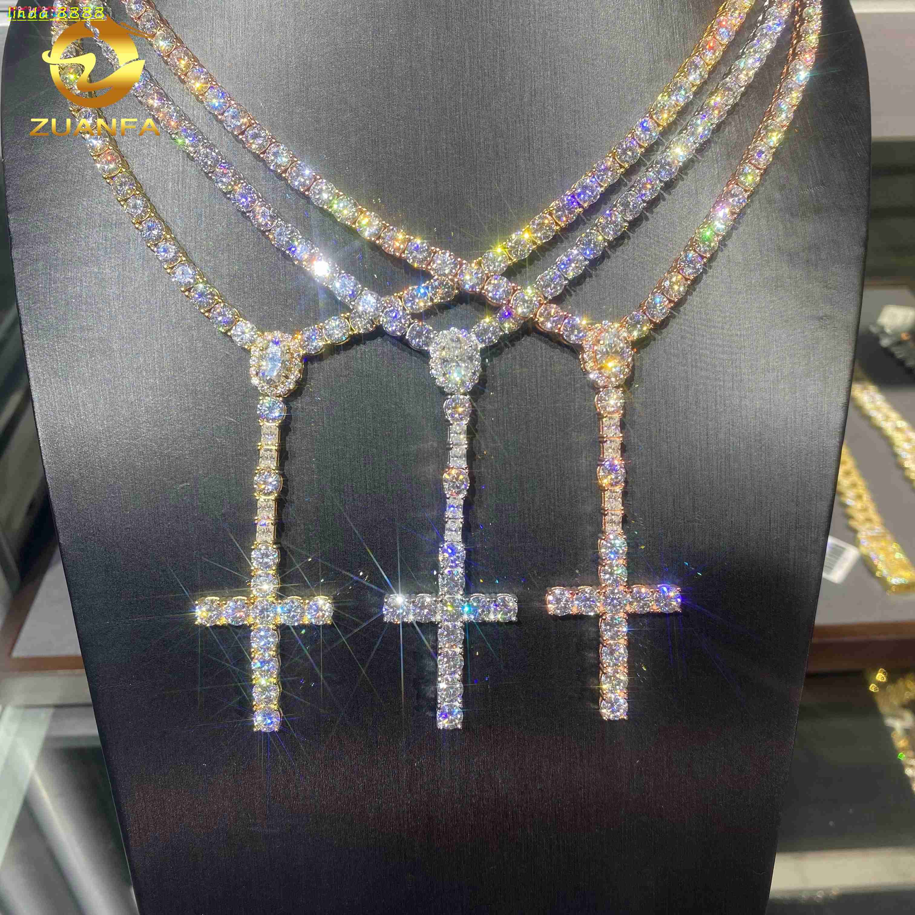 5mm VVS D Moissanite Diamond Fine Hip Hop Jewelry 925 Silver Iced Out Oval Cut Diamond Cross Pendant Tennis Chain Necklace