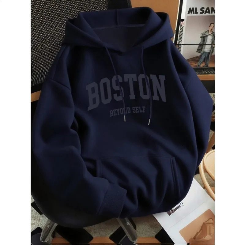 Mens Bostoninspired letter print premium retro hooded sweatshirt regular fit collar solid color graphic y260611 - view 4