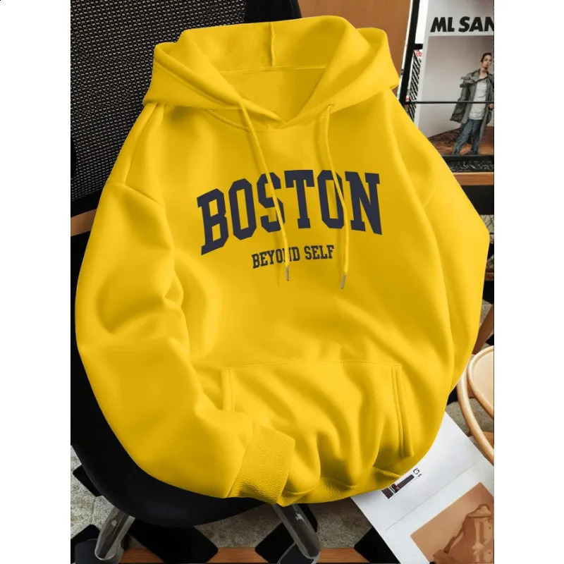 Mens Bostoninspired letter print premium retro hooded sweatshirt regular fit collar solid color graphic y260611 - view 5