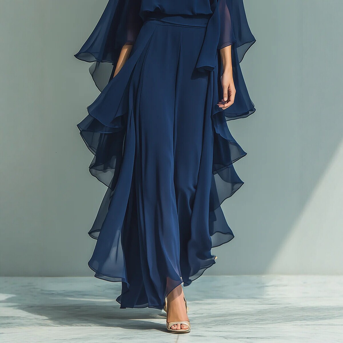 Free shipping 2026 New Style Dark Blue Ruffle Wide-Leg Pants Set for Women, Fashionable and Elegant Two-Piece Long-Sleeve Casual Outfit - view 5