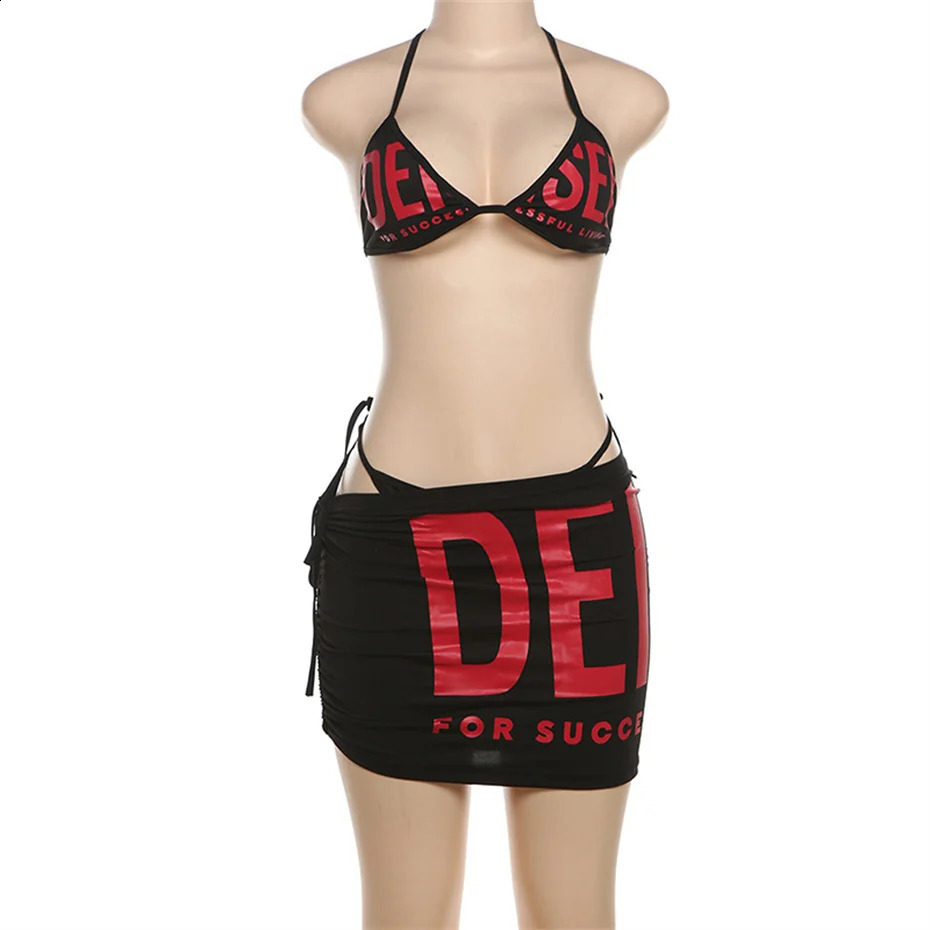 Black Red Letter Print Halter Bikini Set Women 2026 Ruched Drawstring Skirt Cover Up Detail Y2K Streetwear Beachwear 260618 - view 4