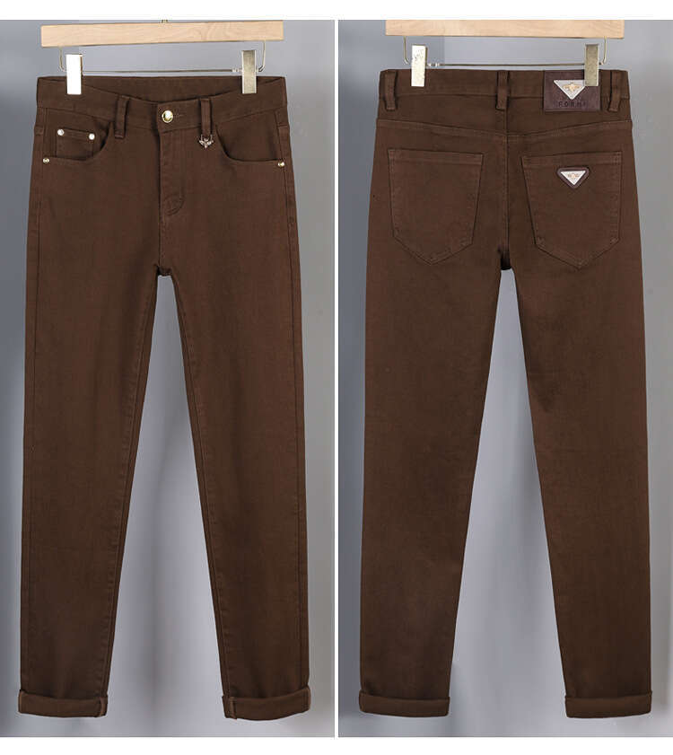 Brown Denim Jeans For Men, European Fashion Stylish High-End Business Men's Wear, Casual Versatile Trendy Solid Color Slim-Fit Pants - view 3
