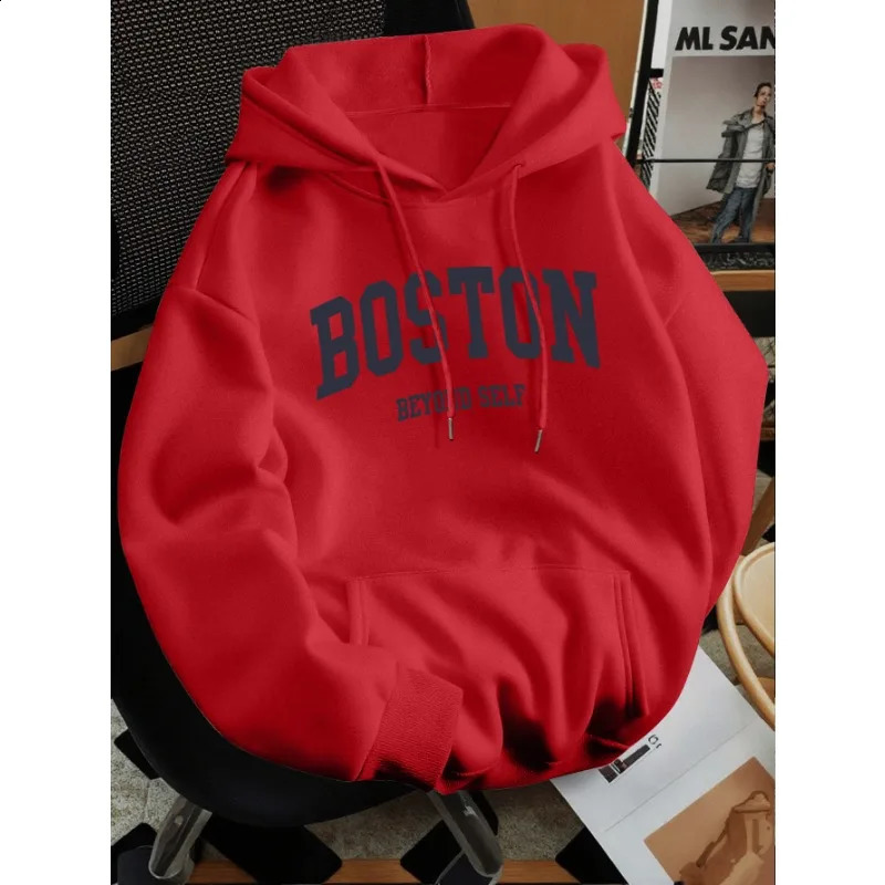 Mens Bostoninspired letter print premium retro hooded sweatshirt regular fit collar solid color graphic y260611 - view 3