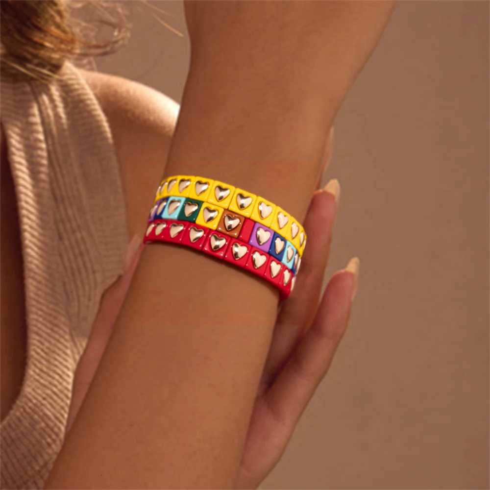Square Shape Love Bangle For 8mm Wen Color Peach Boho Enamel Elastic Beads Bracelets X260621 - view 6