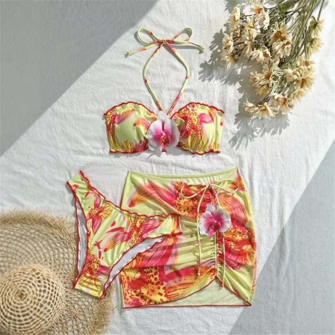 S XL 3D Flowers With Skirt Halter Bikini Threepieces set Female Swimsuit Bathing Suit Women Swimwear Bather Swim V7324 y260611 - view 4
