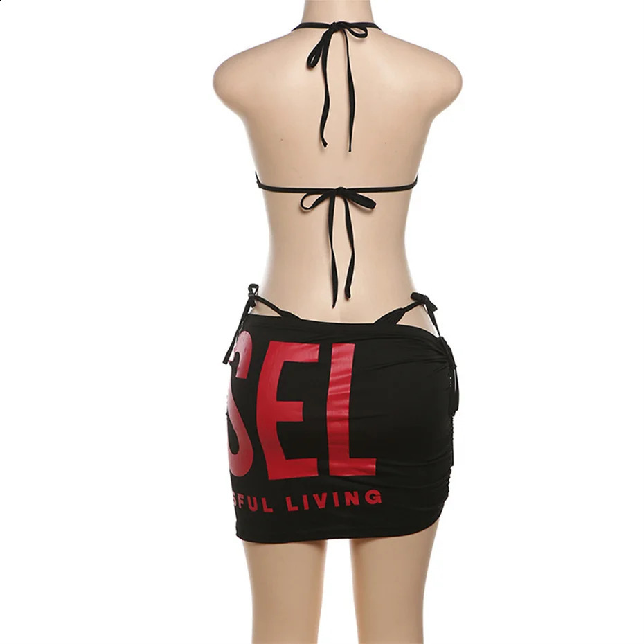 Black Red Letter Print Halter Bikini Set Women 2026 Ruched Drawstring Skirt Cover Up Detail Y2K Streetwear Beachwear 260618 - view 6