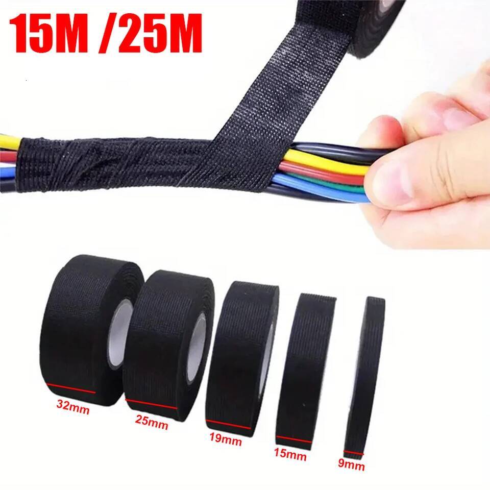 1-4pcs 15/25M High Temp Wire Wrapping Self-Adhesive Automotive Wiring Harness Fabric Tape for Car Noise Damping