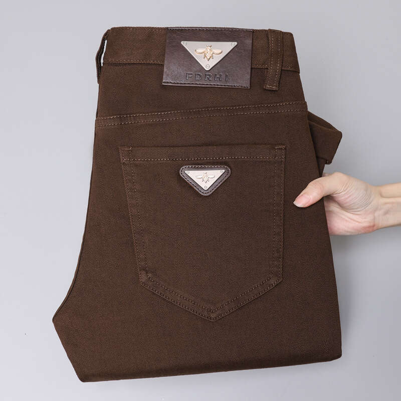 Brown Denim Jeans For Men, European Fashion Stylish High-End Business Men's Wear, Casual Versatile Trendy Solid Color Slim-Fit Pants - view 5