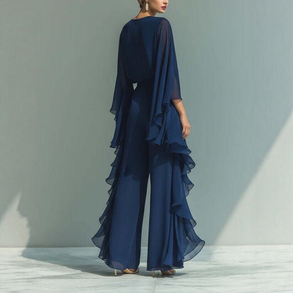 Free shipping 2026 New Style Dark Blue Ruffle Wide-Leg Pants Set for Women, Fashionable and Elegant Two-Piece Long-Sleeve Casual Outfit - view 7
