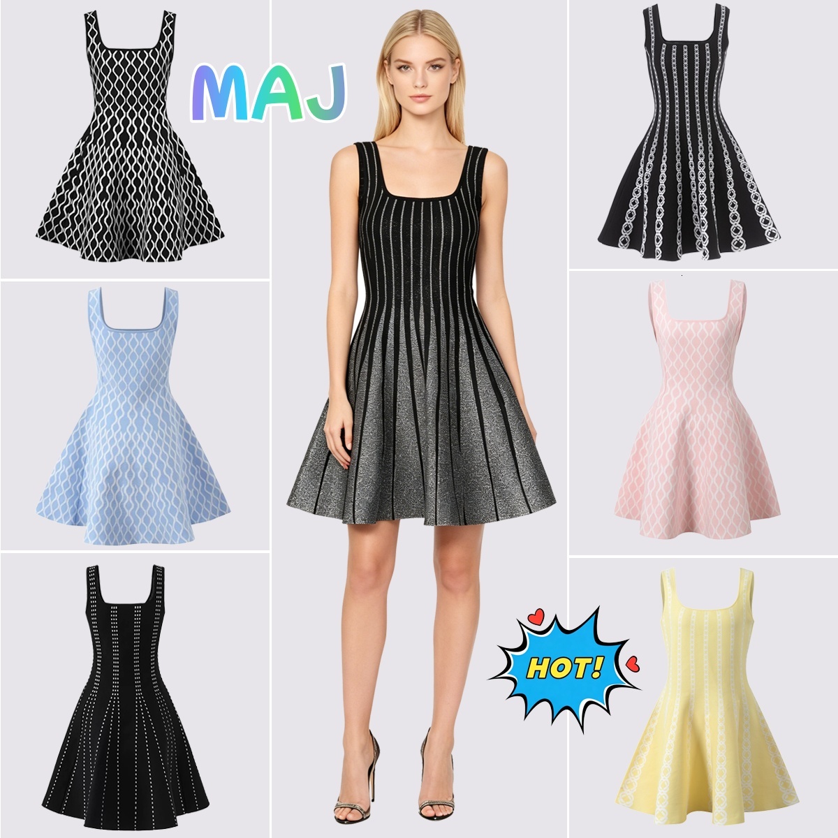 Luxury Designer Maje Women Sleeveless Square Neck Knit A Line Mini Dress Slim Waist Flared Hem Elegant Office Wedding Cocktail Party Outfits