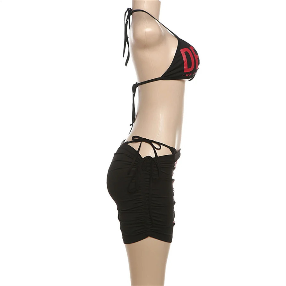 Black Red Letter Print Halter Bikini Set Women 2026 Ruched Drawstring Skirt Cover Up Detail Y2K Streetwear Beachwear 260618 - view 5