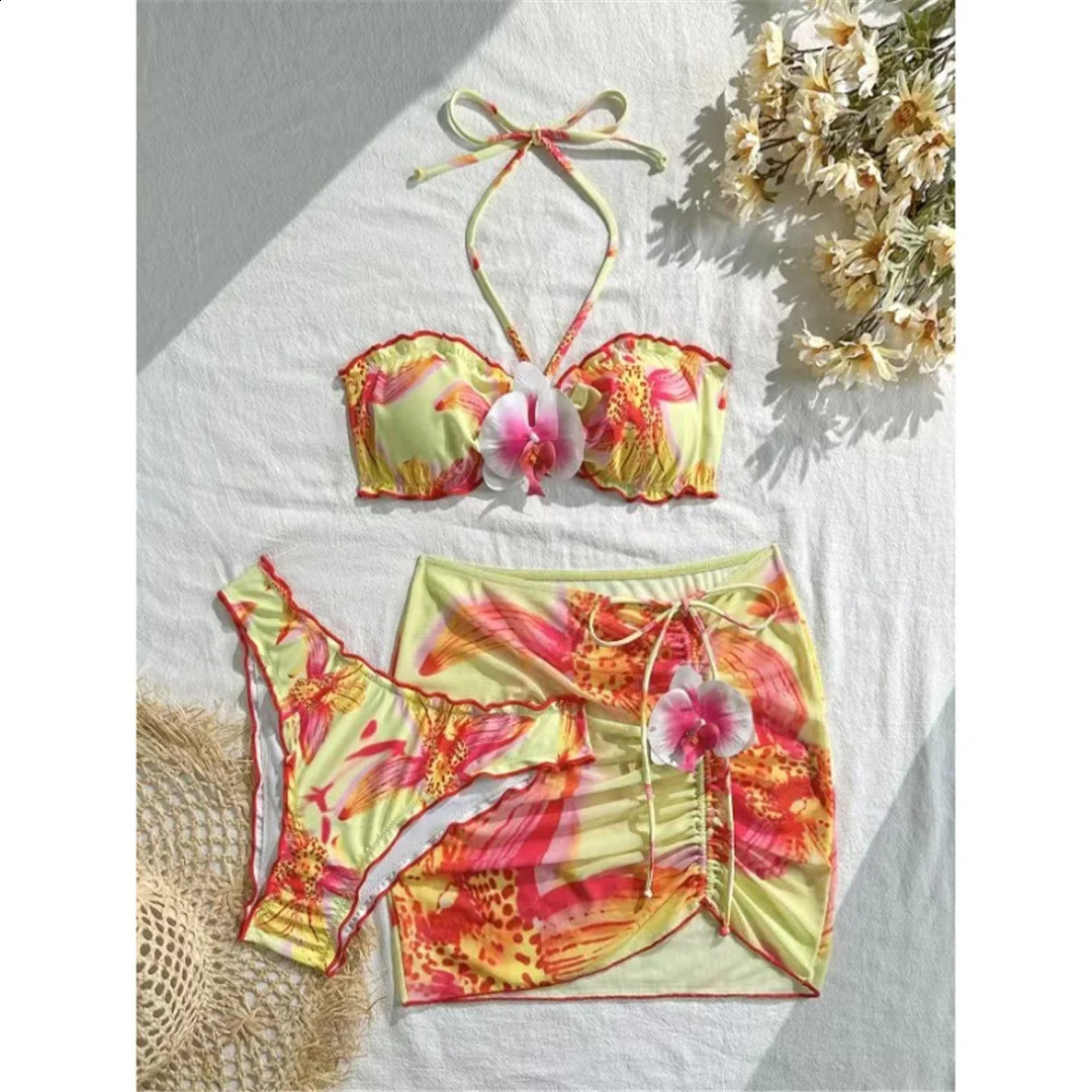 S XL 3D Flowers With Skirt Halter Bikini Threepieces set Female Swimsuit Bathing Suit Women Swimwear Bather Swim V7324 y260611 - view 5